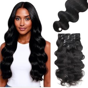 Body Wave Human Hair Clip in Extensions, 22 Inch Natural Black 120 Gram 7 Pieces